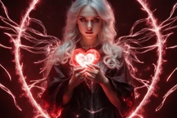 Wizard girl with a heart bleed in her hands, half demon and half angel, sparks around, macro photography,