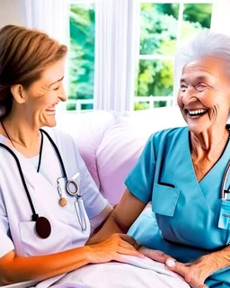 A warm, inviting image of a caring nurse providing personalized care to a smiling patient at home