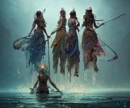 Insanely detailed photography of a FOUR beautiful girls representing water, earth, fire and air, intricate and hyperdetailed painting by Ismail Inceoglu Huang Guangjian and Dan Witz CGSociety ZBrush Central fantasy art album cover art 4K 64 megapixels 8K resolution HDR