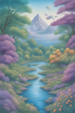 in A4 portrait, make the background color be dim with cool lighting , for example blue or purple, however do not make it dark. the background cover include images of nature, such as landscapes or serene water scenes in the style of drawing, let also depict a diverse range of individuals to emphasize inclusivity, the universality of mental health challenges