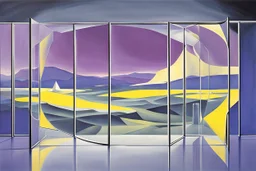 a surreal open glass gate in a glass wall with a view of a desolate landscape, storm, strong contrasts, by artist "Leonora Carrington",by artist "Zaha Hadid",These colors are bold, vibrant, and intense, including shades of colors such as purple, blue, and yellow.