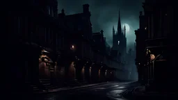 a melancholic & mysterious cityscape, Gothic-inspired buildings, desolate streets, at night
