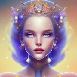 cosmic petit prince belle fine, profil de trois quart, grand front cosmique, peau cristalline, yeux bleu, perle sur le front , cristaux sur le corps, collier de grande princesse, , très jolie sourire, ambiaqnce galactique, fleurs