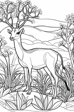 Outline art, antelope in the garden, cartoon style, black and white, low detail, no shading, --ar 9:11