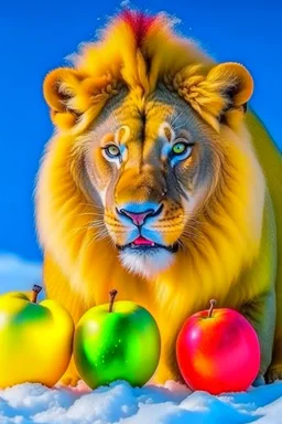 lion eat apple with snow and the lion yellow mood and apple blue mood