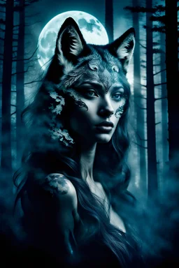 double exposure stunning woman-wolf hybrid portait, forest, moon, smoke, ultra-high detailed, deep dark colors, dark fantasy, intricate detail, cinematic, masterpiece, sharp focus, dark ethereal fantasy, hyperdetailed, atmospheric , dark surreal fantasy