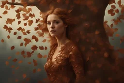 "Young woman covered in tiny copper leaves emerging from a tree, detailed matte painting, deep colour, fantastical, intricate detail