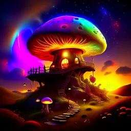 A unusually pretentious rainbow glowing, (((mushroom cottage))) erected atop a (grassy cliff), surrounded with imaginative (((spiraling space))), contrasted by the stark hues of a (nebulous space scape), . captured by the hand a skilled master painter with a focus on (softly textured compositions and voluminous lighting).