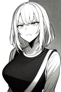 angry blonde girl, angry pose, greyscale