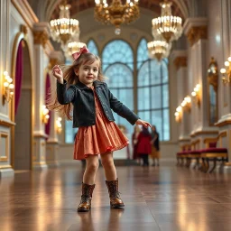 a 2 years old girl in modern clothing and makeup dancing with cute and joy with pertty boots in a modern royal hall