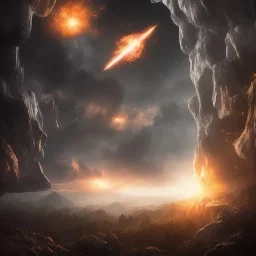 Distant epic scenary. Heavy rain. Epic Lighting in the night sky. Knight with magic scroll in hand. Falling meteorite in the sky. Fireball. Meteorite burning in the distance. Dark, black mud.