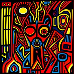 Neon legacy of nyctophoba, by A. R. Penck, mind-bending illustration; asymmetric, warm colors, dark background