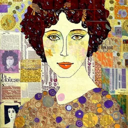 paper collage of a portrait, newspaper pages and wallpaper, background patterned wallpaper, by artist "Gustav Klimt"