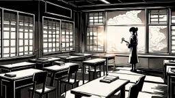 monochromatic japanese classroom with a shadowy figure looking out the window holding a transparent key emanating glow that colors the surroundings, anime