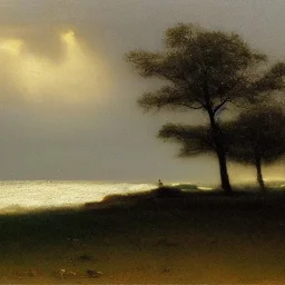 George Inness, painting, trees, ocean, waves, lightning, photo realistic, 8k,