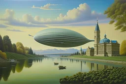 In a hyperrealistic painting, the sci-fi zeppelin on a background and there is a water with creek acropolis in her background, art by rene magritte and raphael, a surrealistic setting, 64k cold colors, mute colors