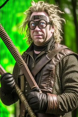 Mad-eye Moody with a chainsaw for a right arm wearing leather armor