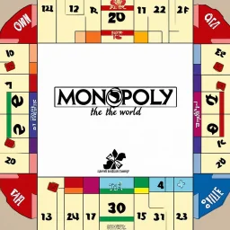 create a custom monopoly style board GAME with: 1 row of EQUAL SIDES 12 SQUARE EACH SIDE WITH A BIG SQUARE IN THE MIDDLE. MAKE THE WRITING IN THE MIDDLE SAY OWN THE WORLD ,