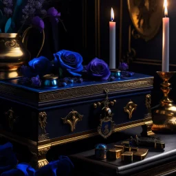 A black and gold decorated chest half opened and filled with purple blue roses in front of it a burning candle in delicate purple all on a light background