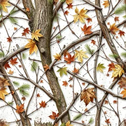 detailed Real Tree Camouflage made of sticks, twigs, tree bark, green pine branches, dried maple leaves, snow and dirt, white background, seamless repeatable texture camo pattern