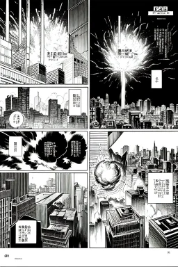 explosion in city, manga page, greyscale