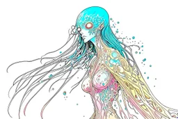 full color front facing full body illustration of a malevolent shape shifting female Funayurei water ghost with highly detailed facial features and translucent skin textures, in the style of Alex Pardee , Jean Giraud Moebius, and Katsushika Hokusai, highly detailed, boldly inked,