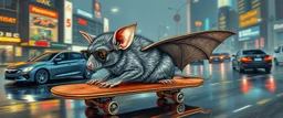 master oil painting by Rembrandt, pen outline and airbrush,the tilted quilter,glasses and ticks, cyberpunk imagery synchronized mechanical stylized fluffy gremlin rat bat laying low barely hanging on, drumming kit flat board trike flickering stable core, wet reflective salt flat city, fast motion blur background, translucent tube cars, technocrat TM