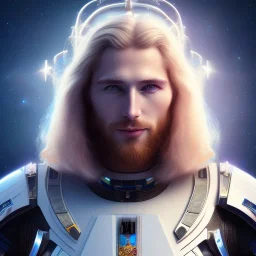 Beautiful cosmic man, blue eyes, long blond hair, smiling, cosmic suit, full body, galactic backdrop, soft lighting, hyper realistic, unreal engine 5, 16k