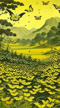 A yellow stinky field with butterflies painted by Utagawa Hiroshige