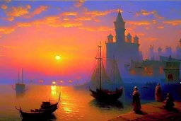 a medieval town by the sea at sunset by artist "Ivan Constantinovich Aivazovsky"