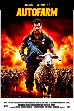 "Create a 90s-style action movie poster titled 'AUTOfarm. Include the (subtitle 'BMI - Suckin-p-p' prominently) Feature a heroic mechanic battling thousands of people with a spanner, and in the background, show a sheep holding a machine gun. The scene should be intense and dynamic, capturing the high-energy and gritty aesthetic of classic 90s action films.