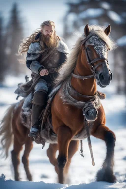 knee deep in snow at war with horses, epic hero norseman with wild hair, short ears, and big holy ornamented shield Under stjerners gnist Vi går som ett, vår tro et løfte ,bokeh like f/0.8, tilt-shift lens 8k, high detail, smooth render, down-light, unreal engine, prize winning