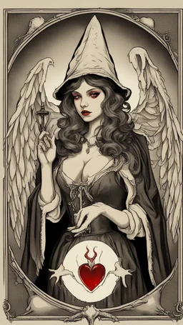 Wizard vintage girl with heart bleed in her hands, half demon and half angel,