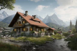 a swiss house in the mountains as far cry 4 concept art, spring season, beautiful, gorgeous buildings, oil painting, painting by viktor vasnetsov, concept art, fantasy landscape, swiss architecture, cryengine 5 enterprise engine, volumetric lighting, volumetric clouds, painting by ivan shishkin, hyperborea, hires, trending on artstation