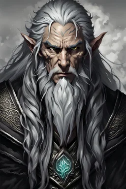 full length front facing ancient grizzled, gnarled elf mage, with long, grey hair streaked with black, highly detailed facial features, sharp cheekbones. His eyes are black. He wears weathered roughspun clothes. he is lean and tall, with pale skin, full body with thigh high leather boots and has a dark malevolent aura within swirling maelstrom of ethereal chaos in the comic book style of Bill Sienkiewicz and Jean Giraud Moebius in ink wash and watercolor, realistic dramatic natural lighting