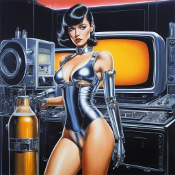 [art by Hajime Sorayama] a female T600 robot, exuding sleek sophistication in Agent Provocateur, holds a beer in one hand and a rifle in the other. Surrounded by a mesmerizing display of retro TV sets emitting static, the scene pulsates with a unique blend of high-tech allure and vintage charm. As the bold Japanese writing flashes across the CRT 90s TV screen