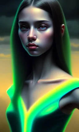 young girl, cute, beautiful, long hair, black hair, light green skin, flat nose, black eyes, big eyes, turquoise dress, head and shoulders portrait, 8k resolution concept art portrait by Greg Rutkowski, Artgerm, WLOP, Alphonse Mucha dynamic lighting hyperdetailed intricately detailed, avatar pandora