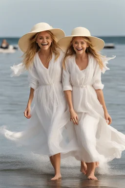 ((Mary-Kate and Ashley Olsen a warm hug)),Her laughter floats harmoniously with the sound of seagulls, infusing the air with a joyful melody. A vivacious energy radiates from her as she gracefully adjusts her oversized sun hat, casting a charming shadow on her sun-kissed face. The rhythmic crashing of waves seems to echo her carefree spirit.