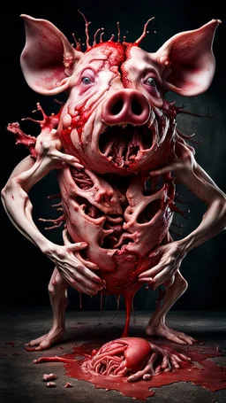 cinematic gore Bosch vs Dali style photo of a mangled embryonic carnivore pig is wrestling itself in a sinewy oozing flesh vortex, puzzled back together, glued, anatomically fragmented, ripped apart again being flayed, skinned alive beating heart, muscles, blood vessels, bowels, entrails, capillaries, brain, oozing puss, spinal are exposed. Visceral anatomy. physiology. Its face and body opens with a zipper. Bosch and Dali inspired hallucinations. droste effect grotesque.