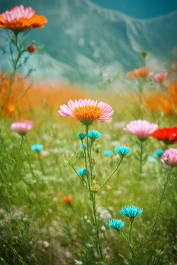 Old autochrome, in the mountain,, wild delicate flowers, orange, pink, turquoise, red, in the sun, delicate, bokeh