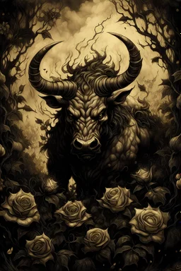 Picture of Minotaur covered in vines leveling up with flames and smoke, the horns are thorny and covered in spikes and the image is in a gothic ink style with a serious atmosphere, forest, plants, fire, smoke, death, gothic, flowers, roses, bull, minotaur, scaling, leveling, muscles, big, massive, hooves, glaive, axe, armor