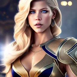 Katheryn Winnick, Cyborg anime warrior, light blonde short hair, pixie hairstyle, cobalt eyes, waist up portrait, 8k resolution, intricate details, ornate details, soft lighting, vibrant colors, masterpiece, intricate eyeliner, dark eyeshadow, eyes, intricate tattoos, gradient background