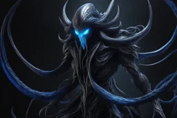 Huge symbiote in 8k solo leveling shadow drawing, Cthulhu model, skull mask, neon blue lights, Chaos sea, intricate details, highly detailed, high details, detailed portrait, masterpiece,ultra detailed, ultra quality