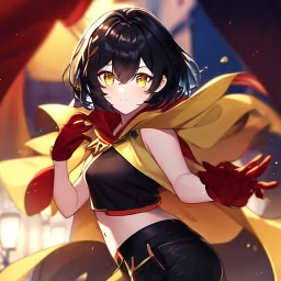 Clear focus,High resolution, Black short fluffy hair, and yellow eyes, wearing a black shorts, sleeveless crop top, wearing long dark red gloves, yellow cloak