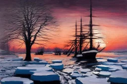 Amazing sunset, trees, ice, winter, ships, philip wilson steer impresionism painting