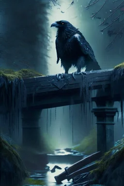 storm crow on stone bridge in magical forest, 4 k, trending art, depth of field, high detail, high contrast