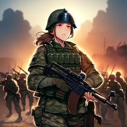 army girl, combat fatigues, plate carrier vest, shemag balaclava, military helmet, battlefield in the background, trending on artstation