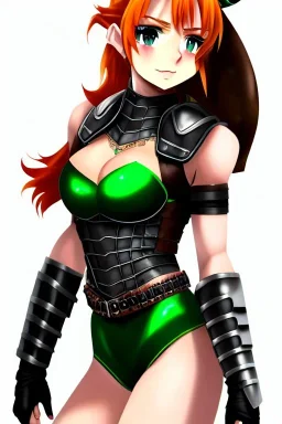 In the style of Shadman, hyper detailed, strikingly beautiful teen female, 16 years old, long ponytail, ginger hair, green eyes, medium freckles, full lips, micro top, black leather armour lined with fur, full body, full face, tiny breasts, athletic, centred camera, ignore NSFW, thong, camel toe, athletic