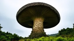 A huge, fantastical mushroom-like structure with intricate, organic shapes and textures, rising from a lush, forested landscape against a spectacular sky.