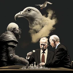 Putin, President Xi Of China And Joe Biden Play Chess With A Pigeon,Ufo And Atomic Bomb Mushroom Cloud,Complex Surgical Instruments Intermixed With A Newborn Boy,Minimalism,Painting By Adrian Ghenie,Rene Magritte,Pablo Picasso,Michelangelo,Salvador Dali,Lucian Freud